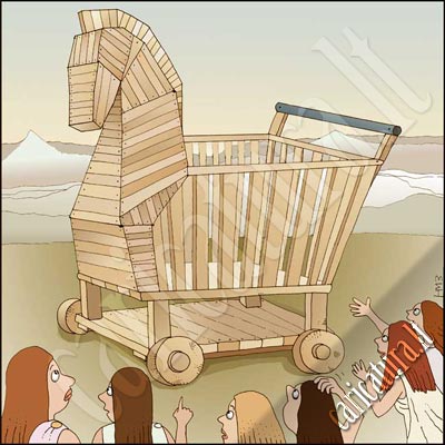 Karikatra Trojos arklys, caricature Trojan horse, Herta Matulionyt-Burbien, karikatros, caricaturas, cartoon, karikaturen, karikaturi, caricatura.lt