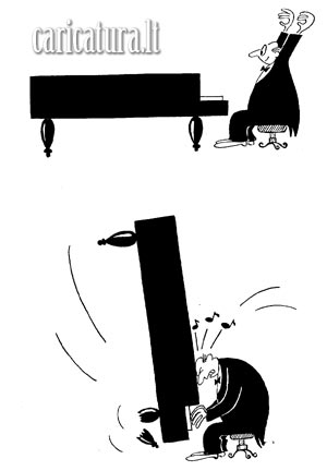 Karikatra, Algirdas Radvilaviius, karikatros, caricature, caricaturas, karikaturen, fortepijonas, groti, grojimas, skambinimas, piano, grand piano,