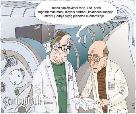 Karikatūra Hadronų kolaideris, caricature LHC managed, Herta Matulionytė-Burbienė, karikatūros, caricaturas, cartoon, karikaturen, karikaturi, caricatura.lt