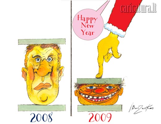 Karikatra Laiming 2009 met, Happy New Year caricature, Ilja Bereznickas, karikatros, caricaturas, cartoon, karikaturen, karikaturi, caricatura.lt